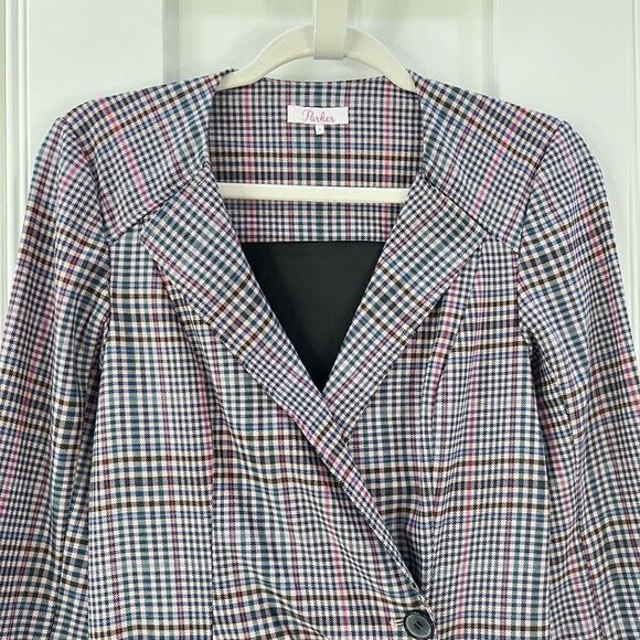 Parker Derby Blazer Mini Dress Women’s 4 Plaid Pink 4 Button Closure Workwear - Picture 2 of 15